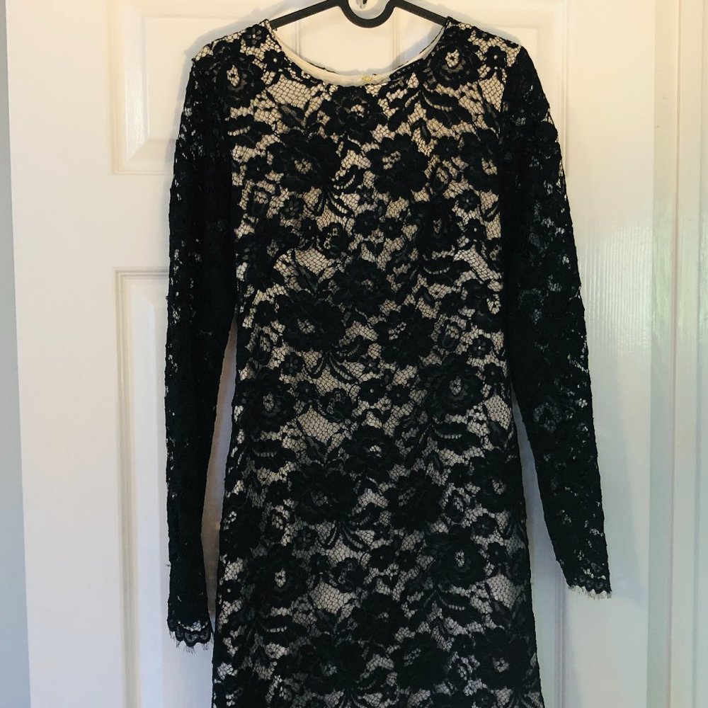 THEORY!!  BLACK LACE ILLUSION DRESS WITH OPEN LONG SLEEVES WITH BACK ZIP…